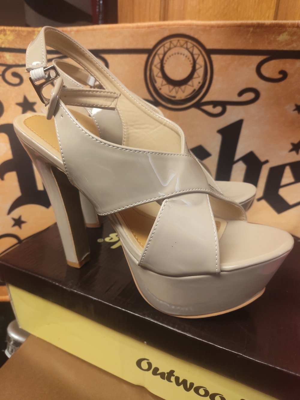 Beige Patent Platform Slingback Heels